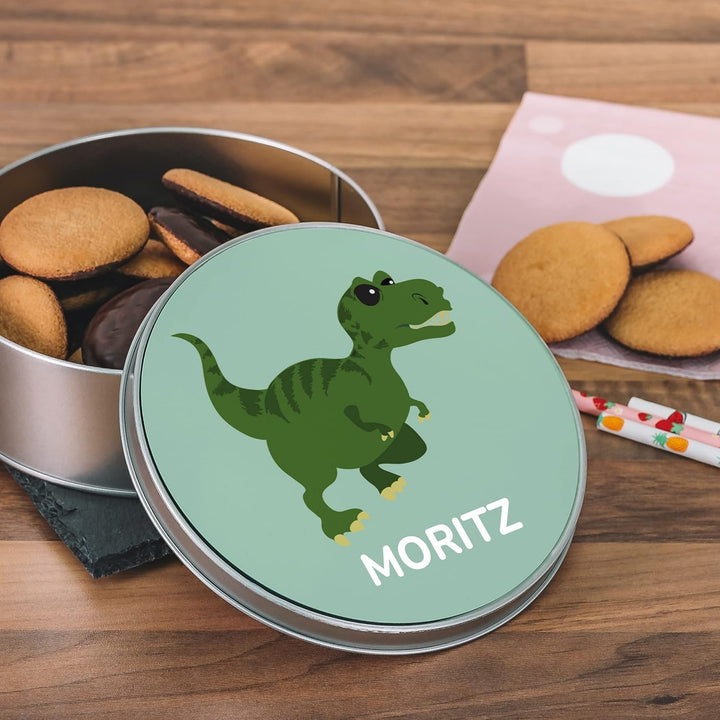 stempel-fabrik Geschenkdose Rund mit Aufdruck - Motiv Dinosaurier - Personalisiertes Geschenk - Keks
