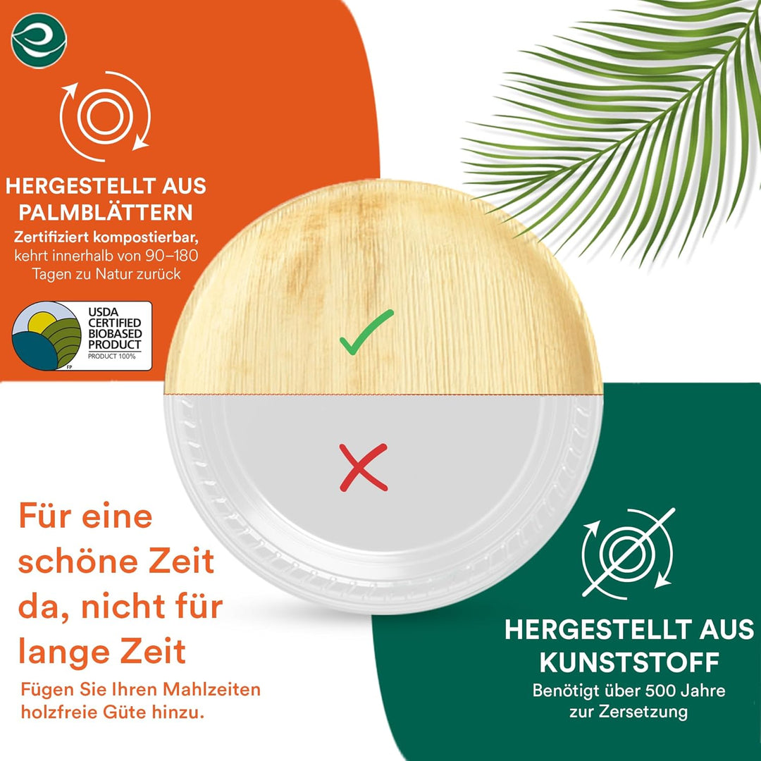 ECO SOUL runde Palmblatt Teller 25 Cm (10 Zoll) (200 Stück) | 100% kompostierbar &amp; stabil | Bio Einw