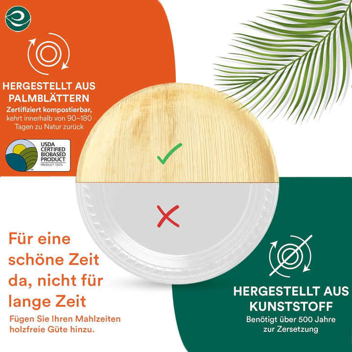 ECO SOUL runde Palmblatt Teller 25 Cm (10 Zoll) (200 Stück) | 100% kompostierbar &amp; stabil | Bio Einw