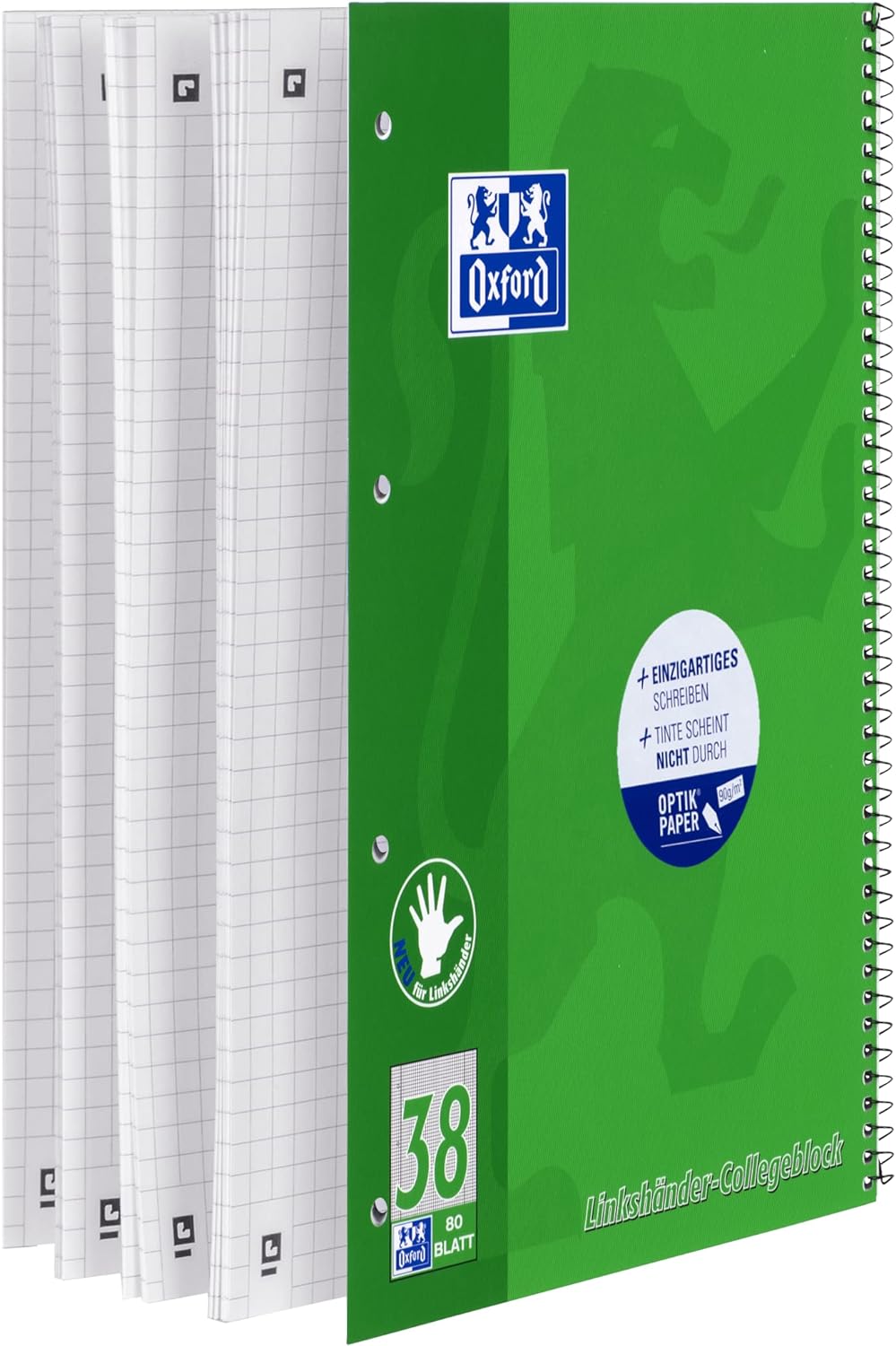 Oxford Linkshänder-Collegeblock A4 kariert, 80 Blatt, grün, 10 Stück Organiserbook Lineatur 38 -kari