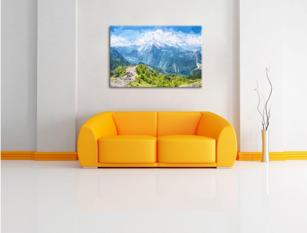Pixxprint Blick vom Berg über dem Königssee in Bayern Kunst Pinsel Effekt, Format: 100x70 auf Leinwa