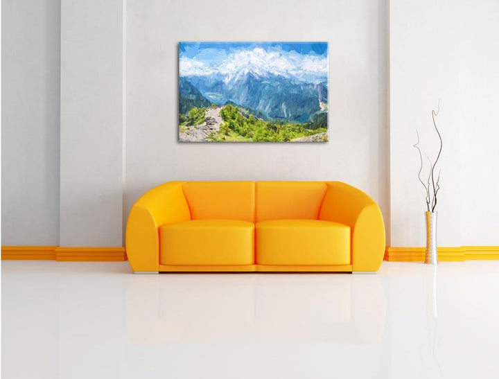 Pixxprint Blick vom Berg über dem Königssee in Bayern Kunst Pinsel Effekt, Format: 100x70 auf Leinwa
