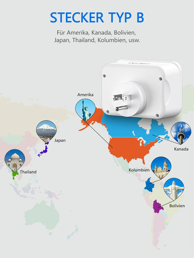 LENCENT Reiseadapter USA Deutschland Stecker, Typ B Steckdose, Reisestecker mit 1 USB-C&3 USB-A Port