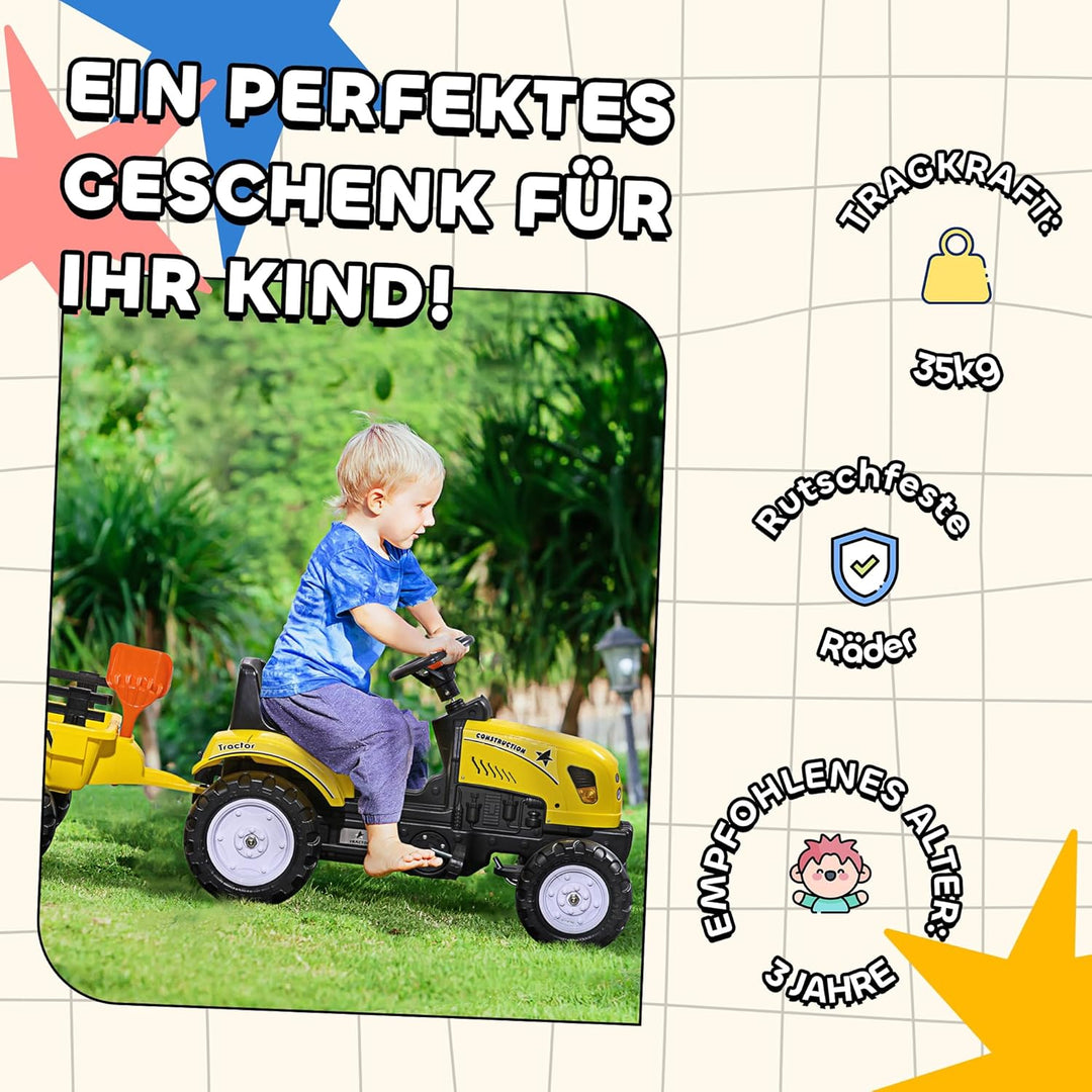 HOMCOM Trettraktor mit Anhänger Tretauto Traktor Kindertrettraktor Spielfahrzeug für Kinder ab 3 Jah
