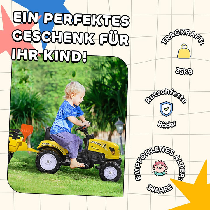 HOMCOM Trettraktor mit Anhänger Tretauto Traktor Kindertrettraktor Spielfahrzeug für Kinder ab 3 Jah