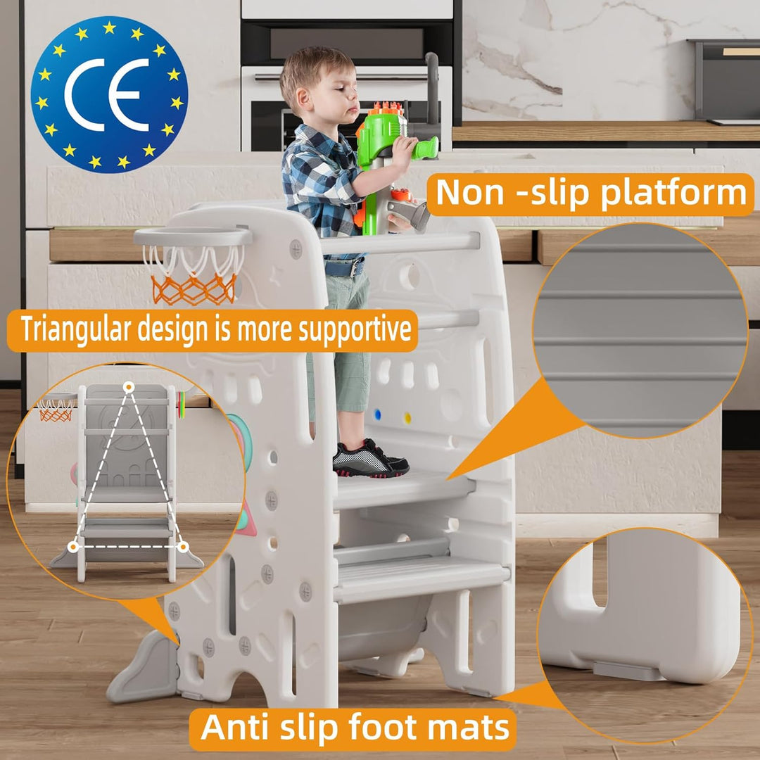 Gupamiga Lernturm für Kinder, Montessori Küchenhelfer, Learning Tower mit Kippschutz, 3 Stufen Höhen