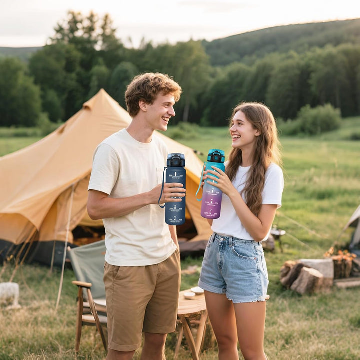 HoneyHolly Trinkflasche 1L, Zeitmarkierung, Wasserflasche, Auslaufsicher, Trinkflasche Sport, Wieder