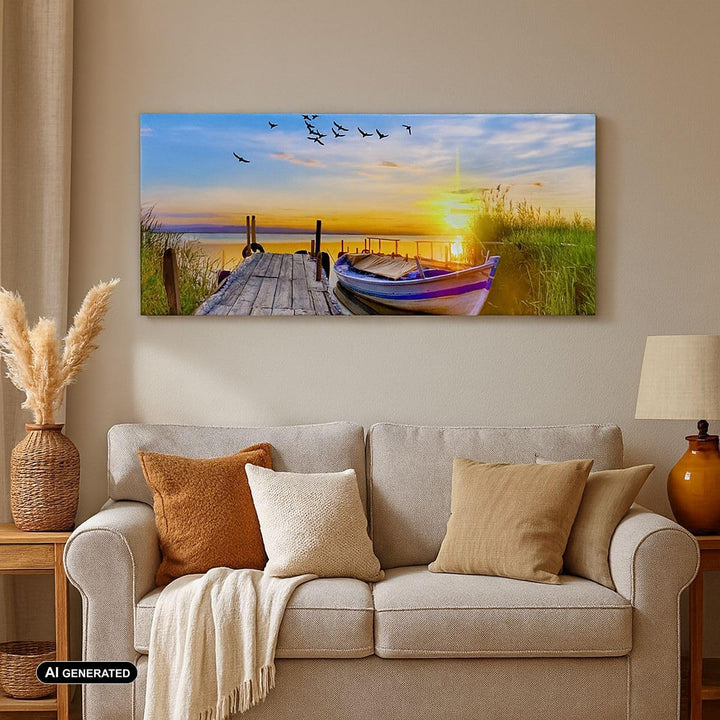 Wandbilder Dekoration Wohnzimmer See Boot Wasser Panorama Bilder auf Leinwand 120x50cm Leinwandbild