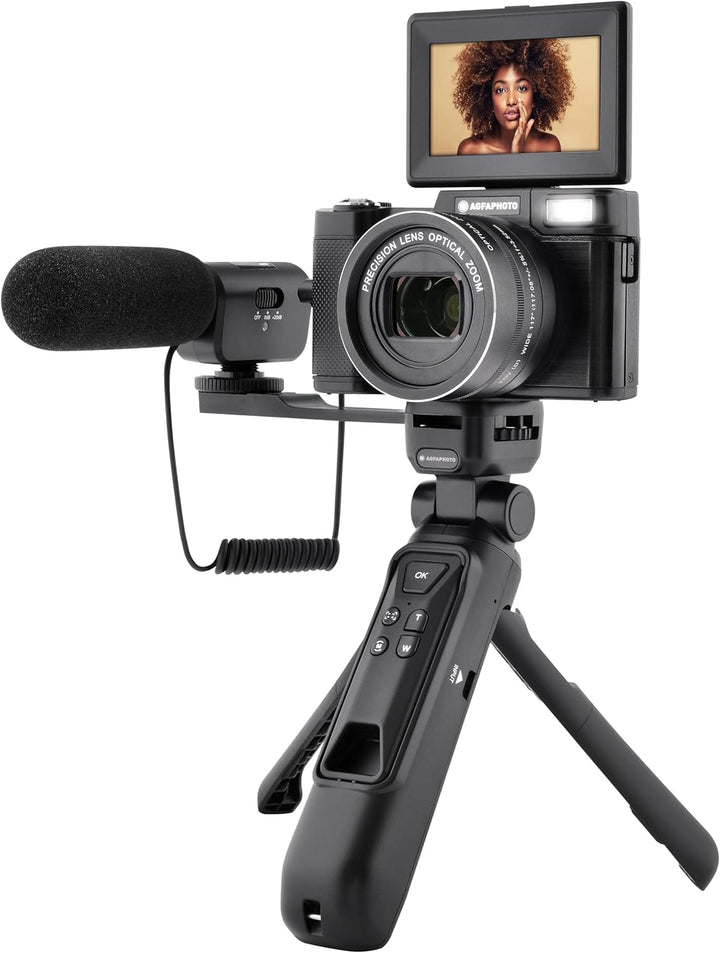 AGFA PHOTO – All-in-one-Vlogging-Set: Kamera VLG-4K Optical, Powerbank-Stativ, Fernbedienung, Mikrof