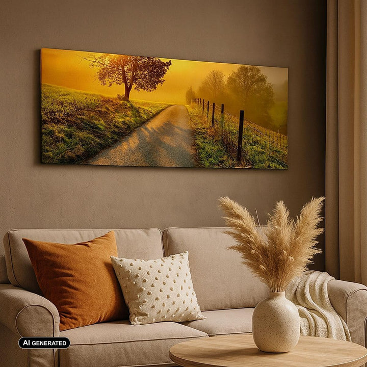 Wandbilder Dekoration Wohnzimmer Feld Strasse Baum Panorama Bilder auf Leinwand 120x50cm Leinwandbil