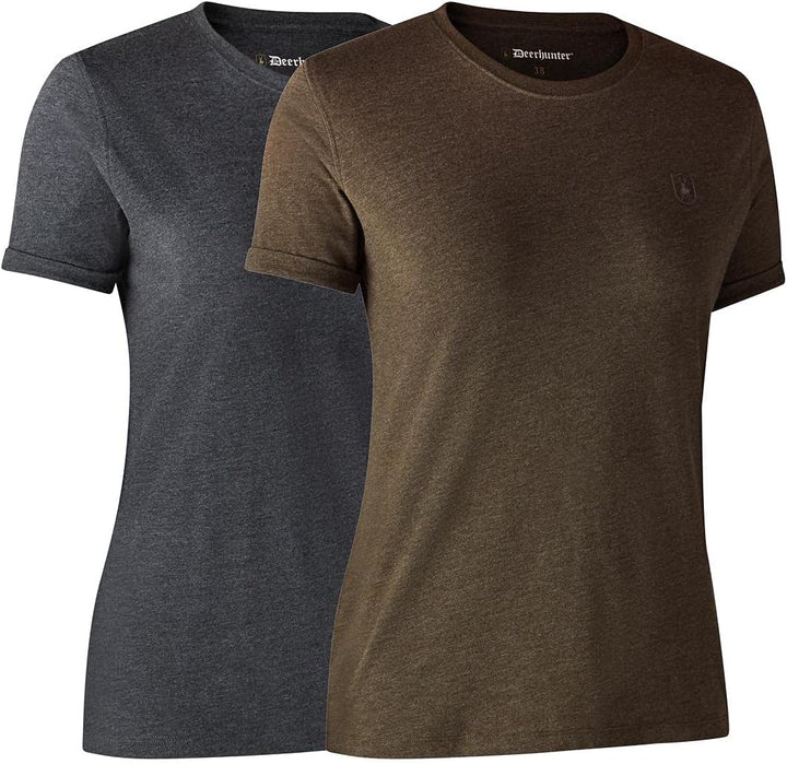 Damen Basic 2-Pack T-Shirt Braun Blatt Melange