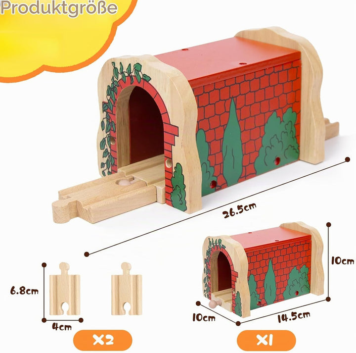 Holzeisenbahn Roter Tunnel Set mit 2 Kurzen Geraden, Holzeisenbahn Zubehör kompatibel mit führenden
