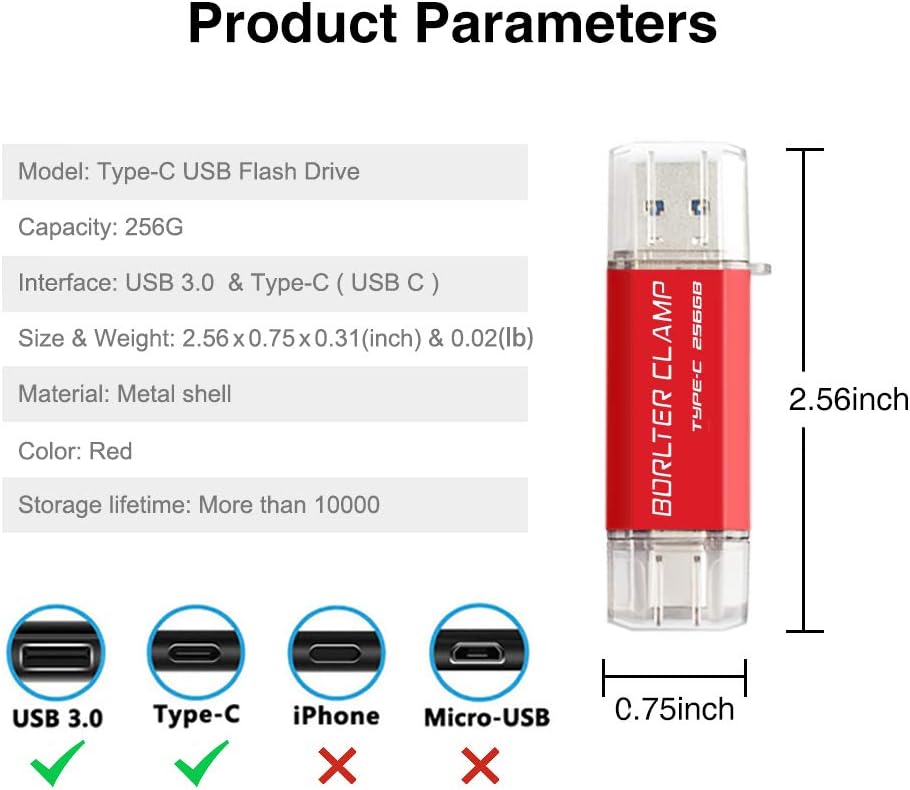 BORLTER CLAMP Type C USB-Stick 256GB OTG 2 in 1 Speicherstick Dual-Port USB 3.0 Flash-Laufwerk mit U
