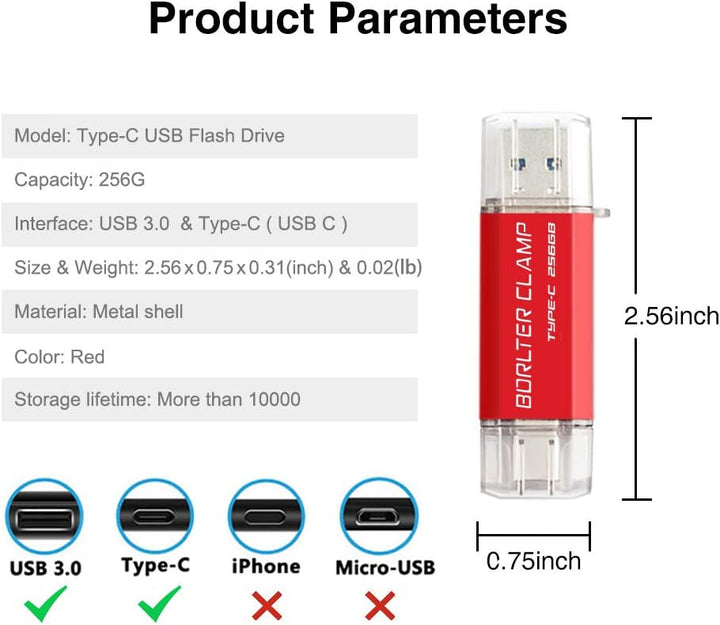BORLTER CLAMP Type C USB-Stick 256GB OTG 2 in 1 Speicherstick Dual-Port USB 3.0 Flash-Laufwerk mit U