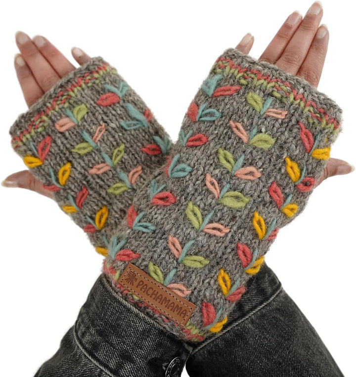 Damen Handwärmer Wolle Fleece Gefüttert Handgestrickt Blume bestickt Grau Einheitsgrösse Handmade Ex