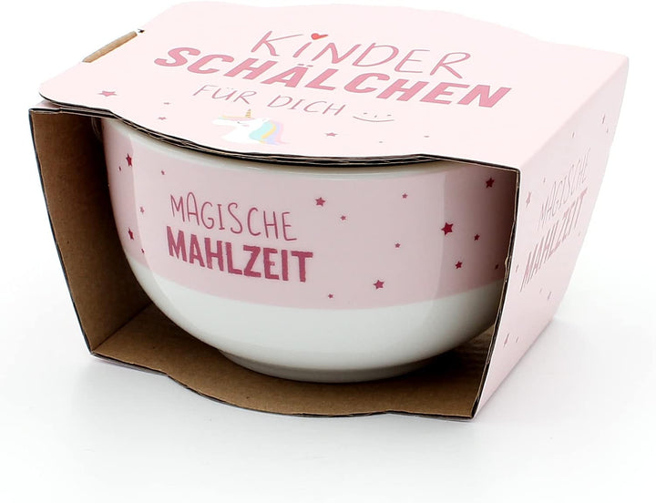 Dekohelden24 Porzellan Kinder-Schälchen - Müslischale - Obstschale - Einhorn mit Spruch - Magische M