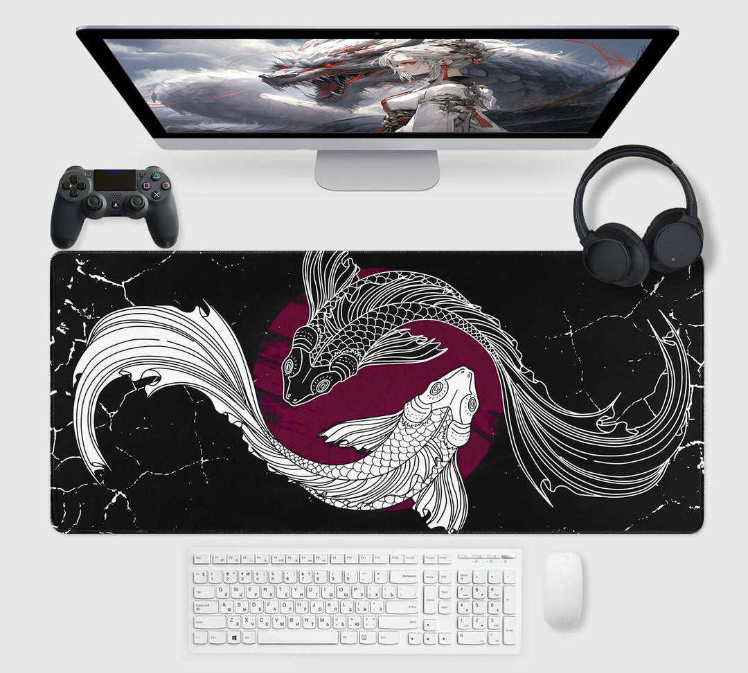 Gaming Mauspad,XXL 900x400mm Tai Chi Fischmuster Mauspad,Anime Mousepad für präzise Maussteuerung,St
