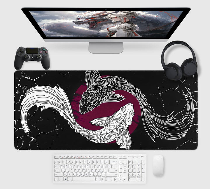 Gaming Mauspad,XXL 900x400mm Tai Chi Fischmuster Mauspad,Anime Mousepad für präzise Maussteuerung,St