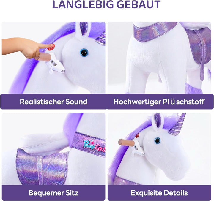 PonyCycle Einhorn mit Rollen für Kinder 4–7 Jahre, 90cm Hoch, Lila Plüsch Reitpferd auf Rollen mit H