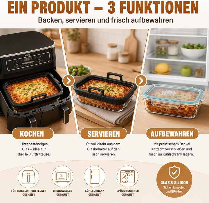 ZYNERY Glas-Auflaufform für Heissluftfritteuse mit Silikongriffen, Heissluftfritteusen-Zubehör mit D