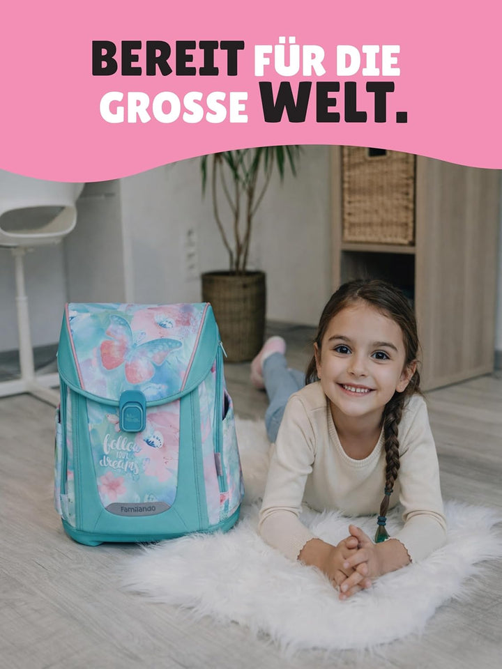 Familando - Premium Schulranzen Set - 6-teilig mit Sporttasche - Butterfly (Schmetterlinge) - Ergono
