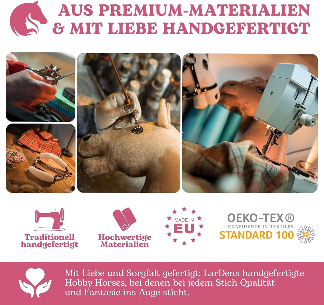LarDen Hobby Horse Trense mit Zügeln | Komplettes Kunstlederzaumzeug Grau mit Pink Stirnriemen | Hob