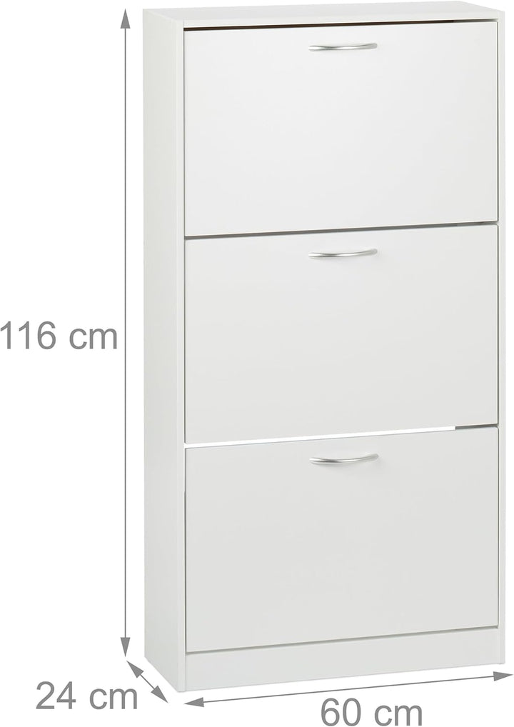 Relaxdays Schuhschrank, HxBxT: 116 x 60 x 24 cm, für 18 Paar, 3 Klappen, schmaler Schuhkipper, Flur