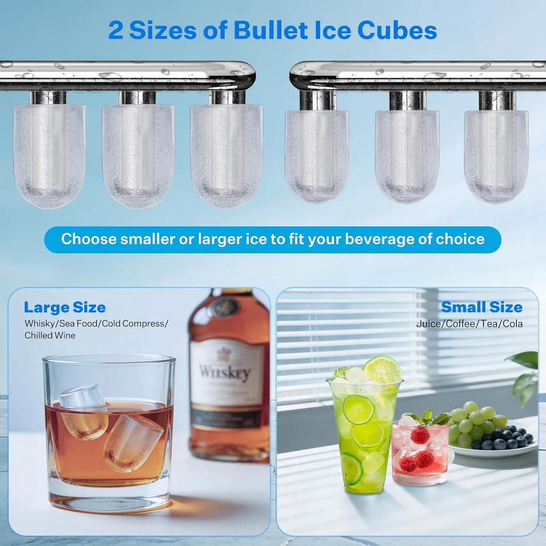 Eiswürfelmaschine, Ice Cube Maker 9 Eiswürfel in 6-8 Minuten,2 Grössen von Bullet Ice,12KG/24H,Selbs