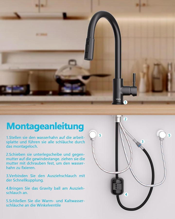 Küchenarmatur, Hochdruck Wasserhahn Küche Ausziehbar, Mischbatterie Küche mit küchenarmaturen, 360°-