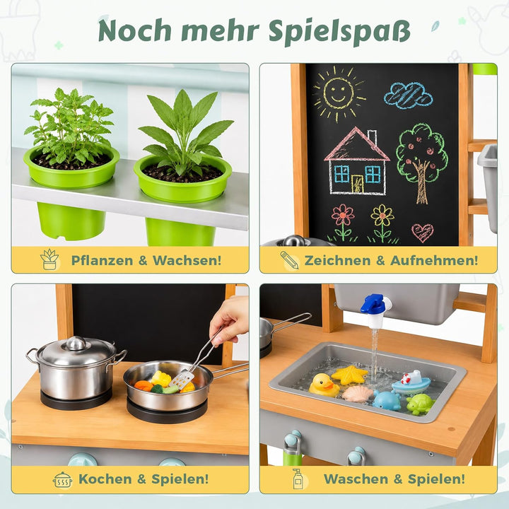 Matschküche Kinder Outdoor Holz mit Wasserdichtem Dach & Rädern, Kinderküche mit Wassertank Wasserha
