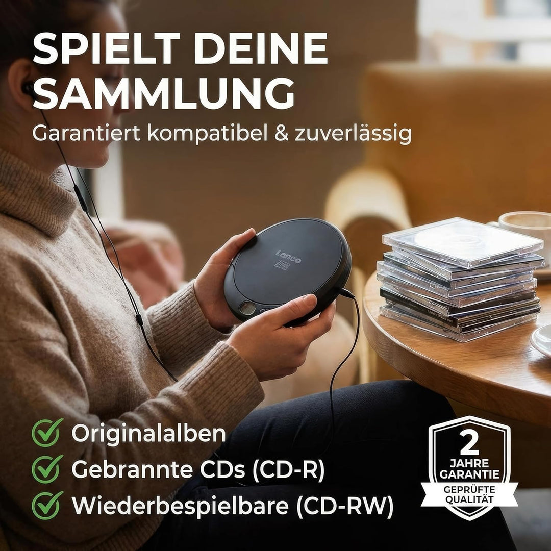 Lenco CD-010 - Tragbarer CD-Player Walkman - Diskman - CD Walkman - Mit Kopfhörern und Micro USB Lad