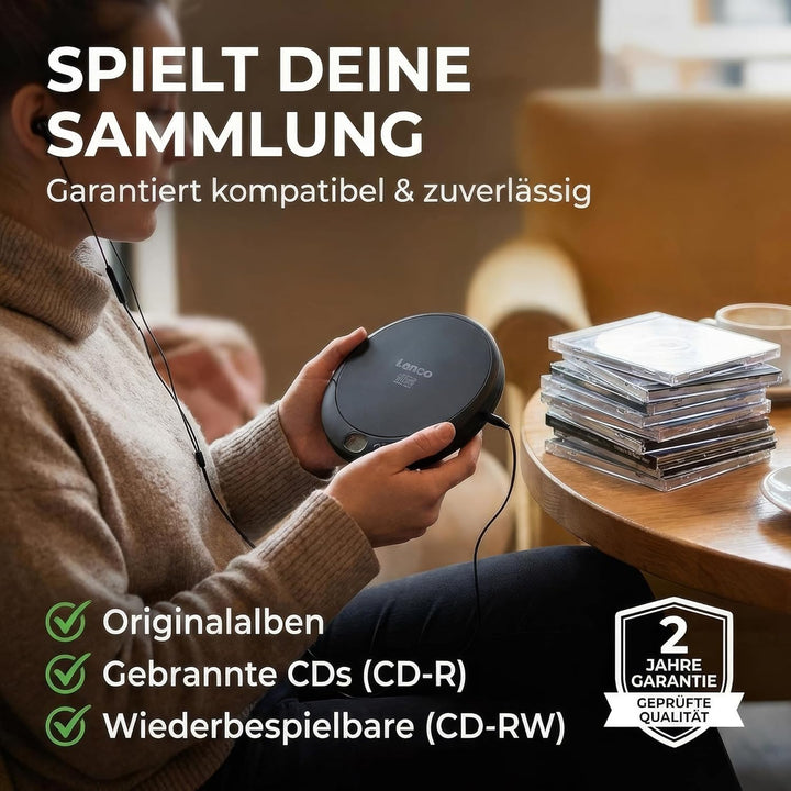 Lenco CD-010 - Tragbarer CD-Player Walkman - Diskman - CD Walkman - Mit Kopfhörern und Micro USB Lad