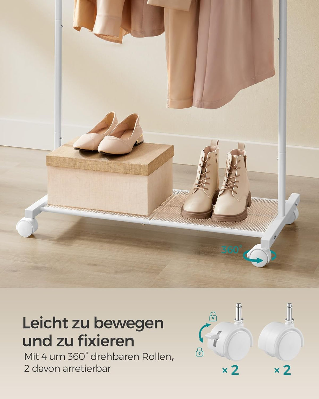 SONGMICS Kleiderständer, Kleiderstange auf Rollen, Garderobenständer 74 cm breit, Rollgarderobe mit