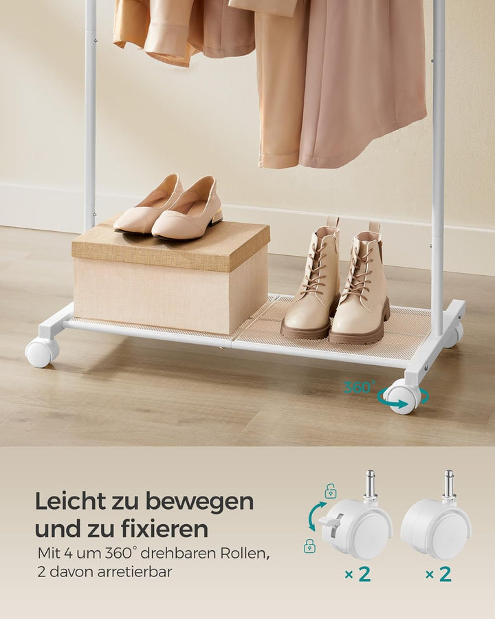 SONGMICS Kleiderständer, Kleiderstange auf Rollen, Garderobenständer 74 cm breit, Rollgarderobe mit