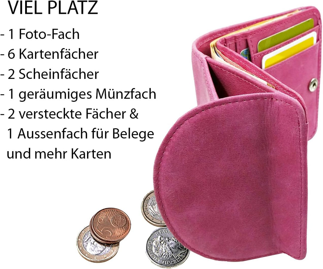 Geldbeutel Damen klein, Reise Portemonnaie, viele Fächer, Leder pink, RFID Blocker, Münzfach | Geldb