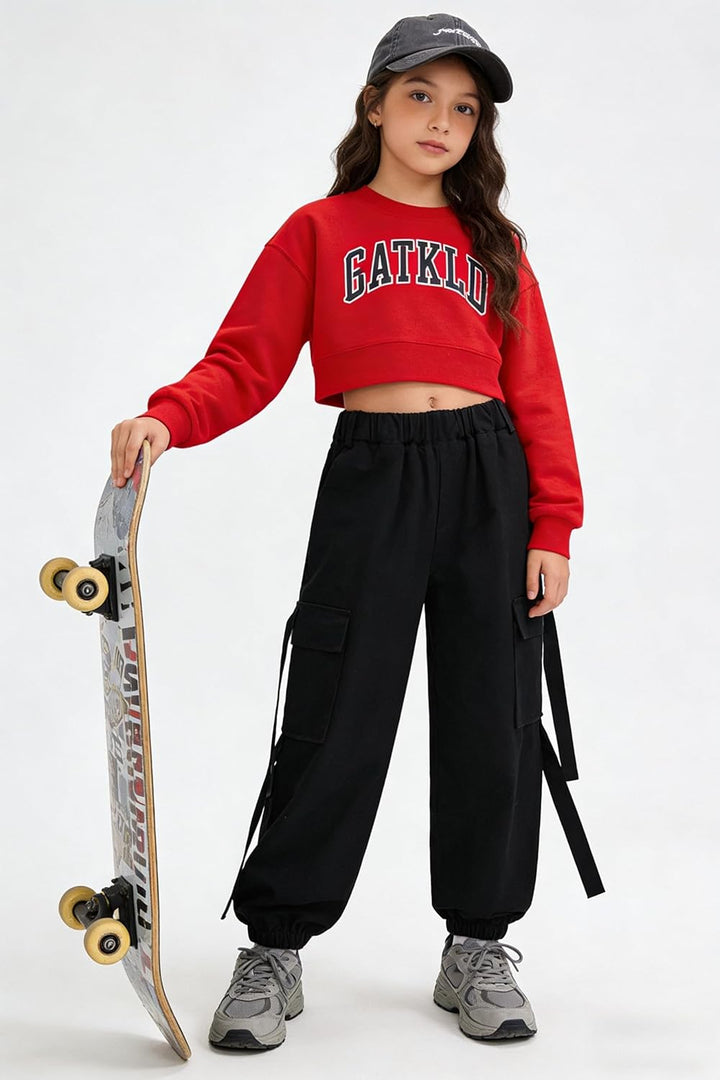 Kinder Cargo Hose Elastische Taille Jogger Hose für Jungen Mädchen Street Hip Hop… Schwarz 134-140,