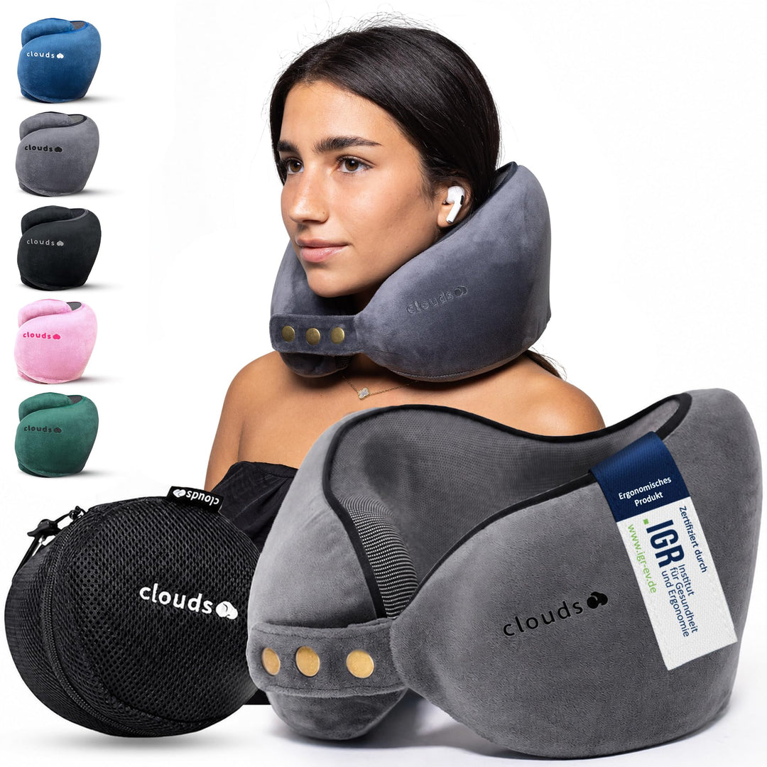 CLOUDS Nackenkissen Flugzeug &amp; Auto – Einstellbares Memory Foam Reisekissen in 2 Grössen für Erwachs