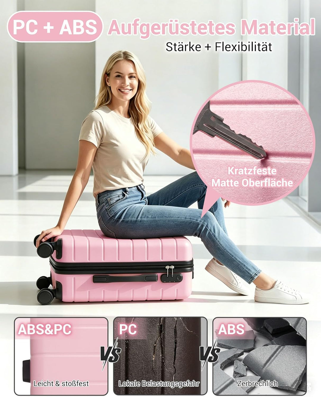 Koffer Mittelgross L 66cm, Leichter ABS+PC Reisekoffer für Flugzeug, Ryanair Trolley mit 4 Rollen, H