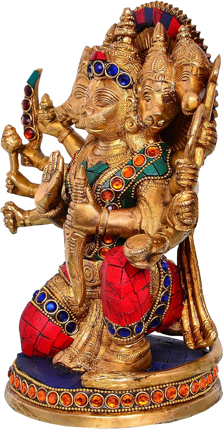 Purpledip Brass Idol Lord Hanuman in Panchmukhi 5-Face Avatar mit Edelsteinen: Sammler Hindu Religiö