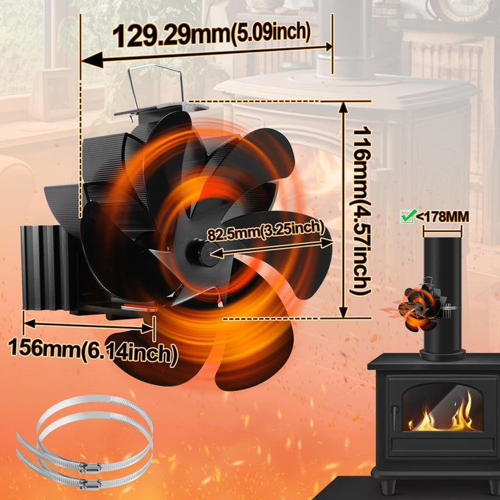 Herrselsam Kaminventilator 6-Blättern Magnetisch Ofenventilator ohne Strom Wärmebetriebener Kaminlüf