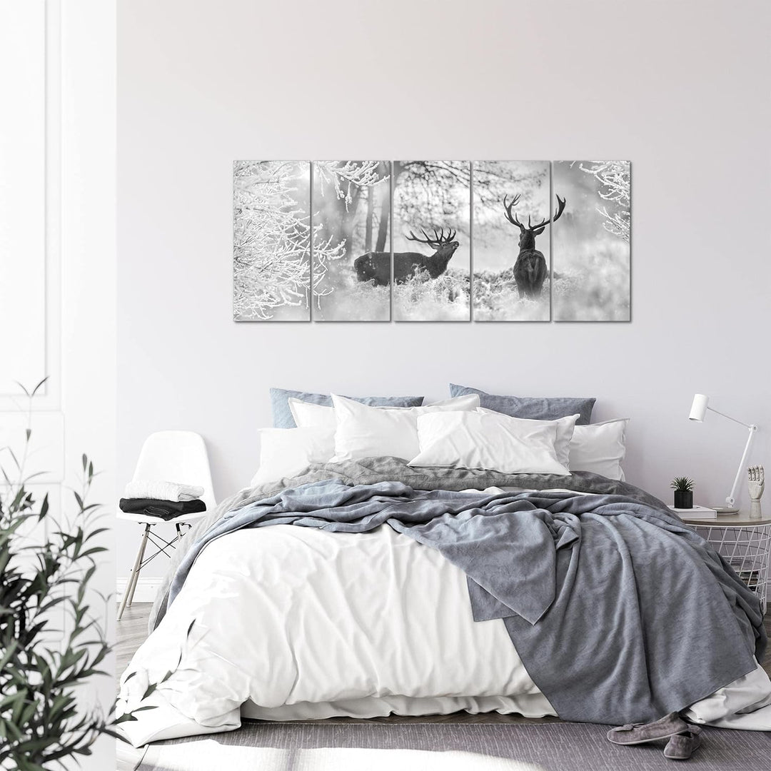Runa Art Wandbild XXL Winter Hirsch Wohnzimmer Schlafzimmer 200 x 80 cm Schwarz Weiss 5 Teilig - Mad