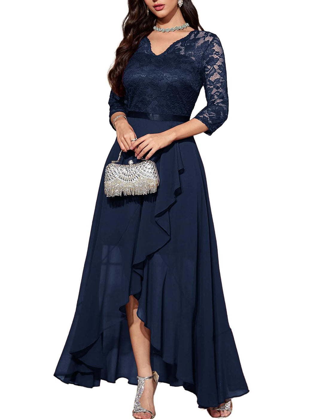 Bbonlinedress Abendkleider elegant für Hochzeit Spitzenkleid Chiffon Hi-Lo Kleid Brautjunferkleid Br