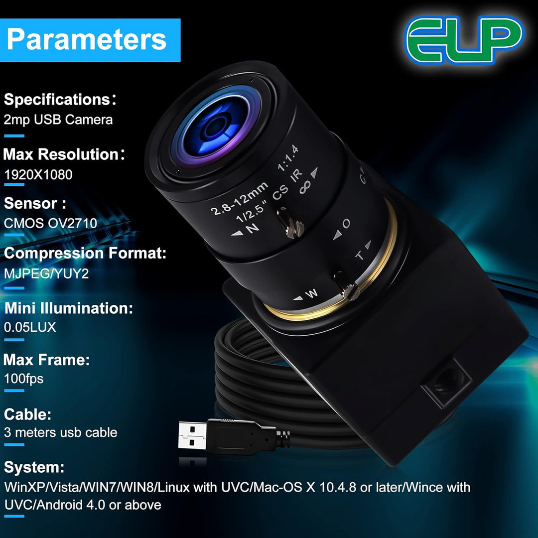 G 100fps Varifokal USB Kamera 4facher optischer Zoomen Webcam,2.8-12mm Varifocus Webkamera,2MP manue