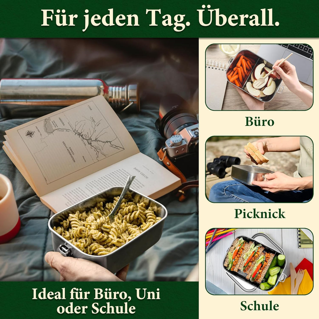 Brotdose Edelstahl 1400ml gross mit 2 Trennwänden, Auslaufsichere Lunchbox für Arbeit, Schule & Outd
