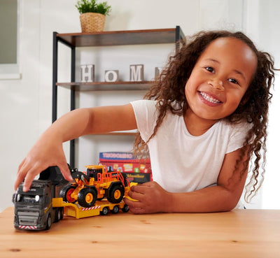 Majorette - Volvo Baustellen-Truck mit Radlader – Spielzeug-LKW mit Auflieger und Baustellenfahrzeug