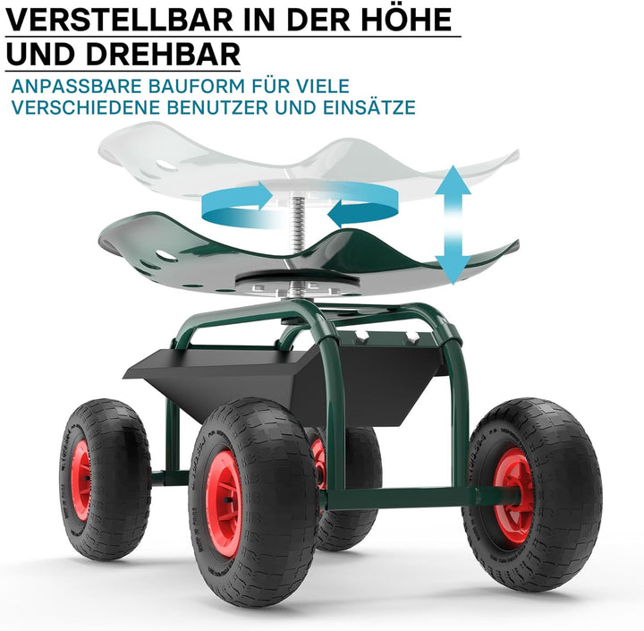 Wiltec Gartenwagen mit Ablagefläche bis 150kg Gartenhocker mit Reifen Gartentrolley für Gartenarbeit