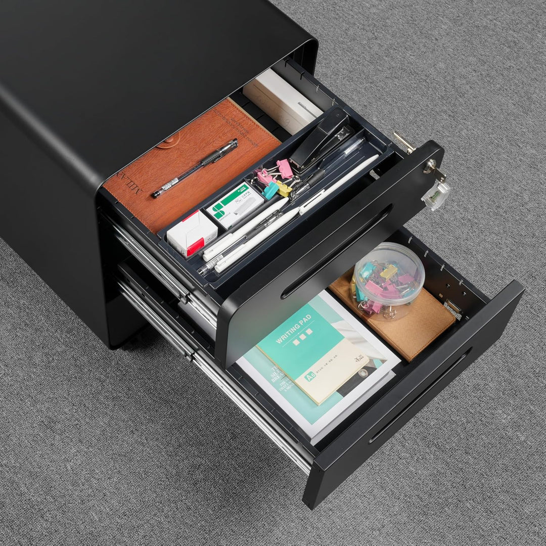 Rollcontainer mit 3 Schubladen, Aktenschrank, Abgerundetes Eckendesign, Abschliessbar, 4 Schlüsseln,