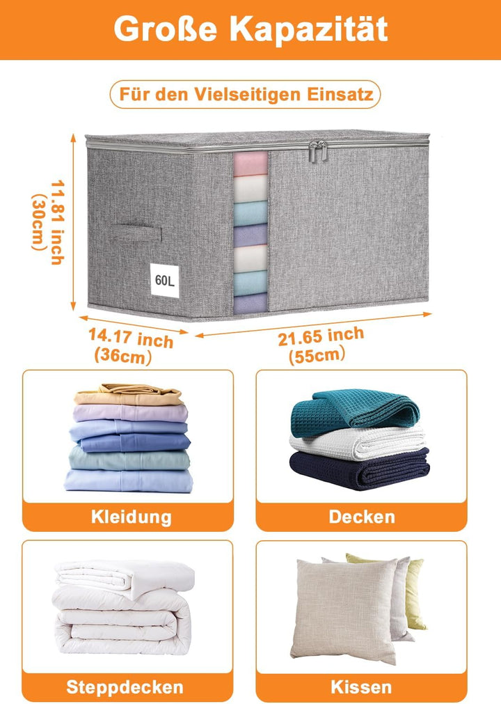 60L Grosse Kleidung Aufbewahrungsbox Stoff mit Reissverschlüssen, Seiten- und Bodenschutz, 2er-Pack
