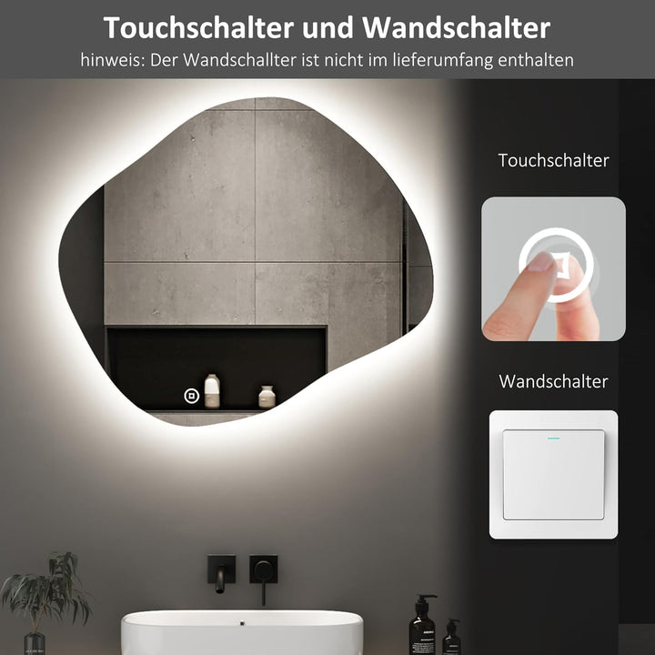 Boromal Asymmetrischer Spiegel mit Beleuchtung, Badspiegel mit Beleuchtung 74x64cm Badezimmerspiegel