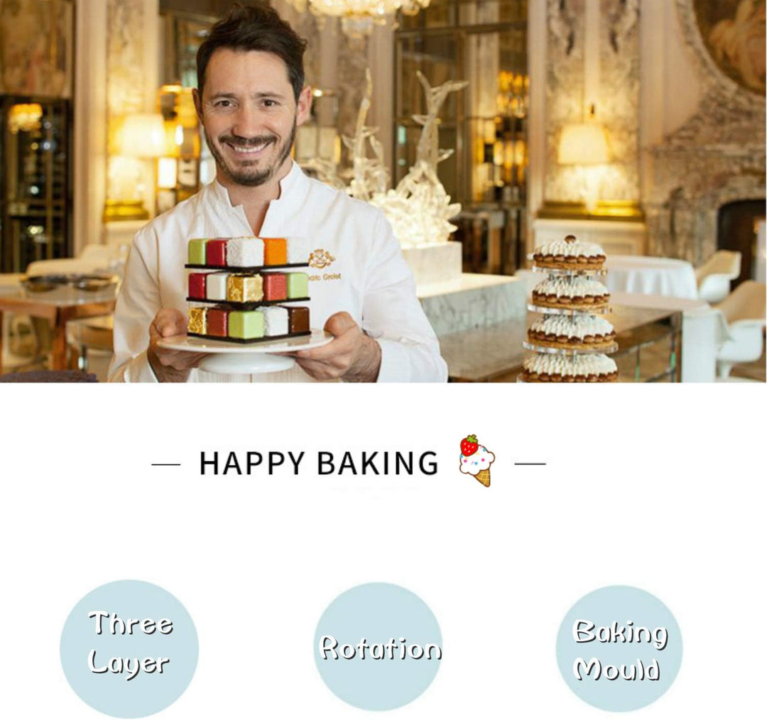TOPINCN Backformen,3D-Metallwürfel-Kuchenform Dreischichtiges Rotations-Mousse-Kuchen-Dessert-Backfo